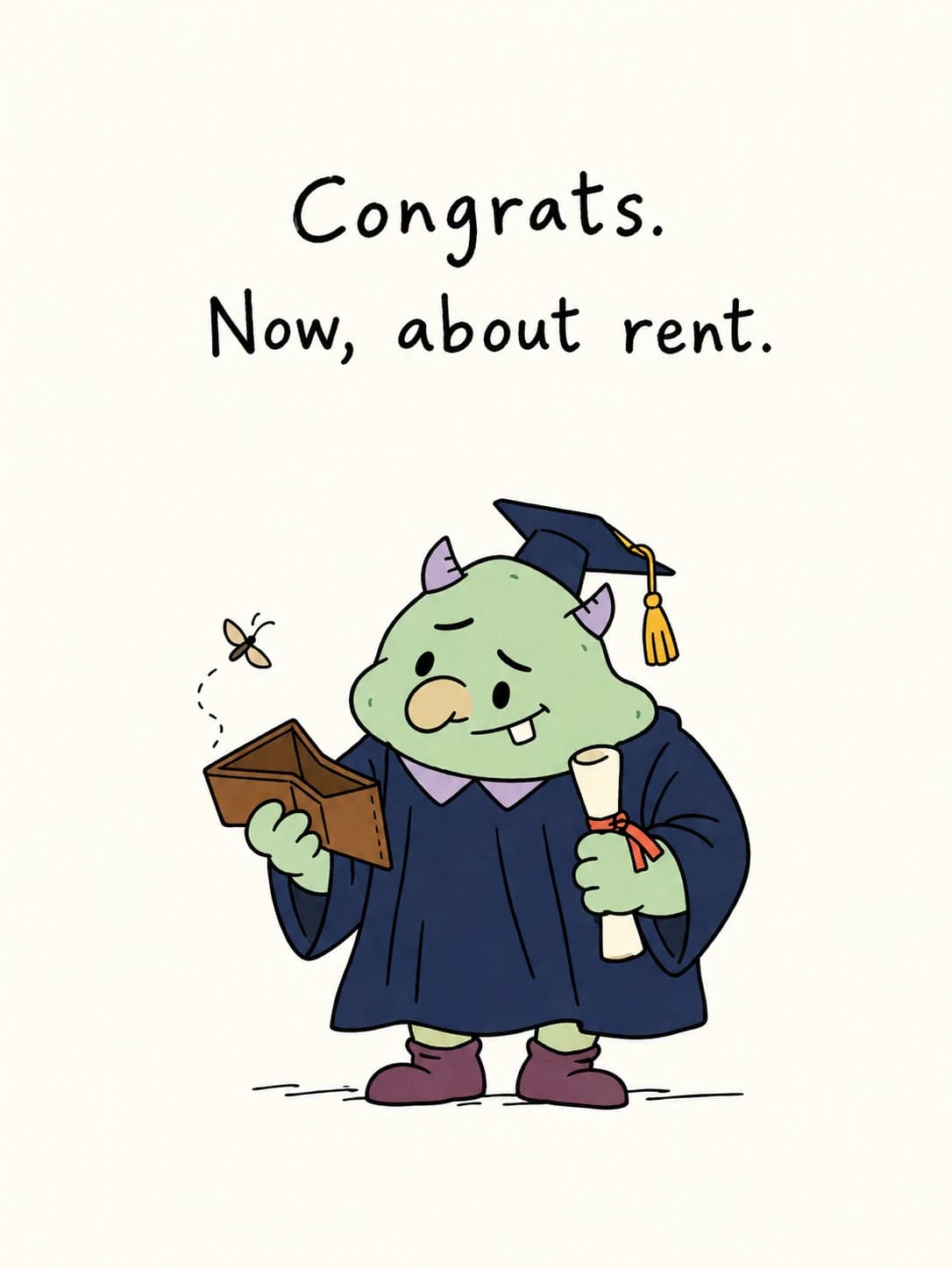 About Rent card: A green goblin graduate in cap and gown, diploma in one hand and an empty wallet in the other