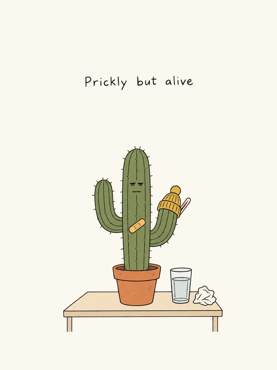Cactus Tough card: A prickly cactus in a beanie, patched up and still standing
