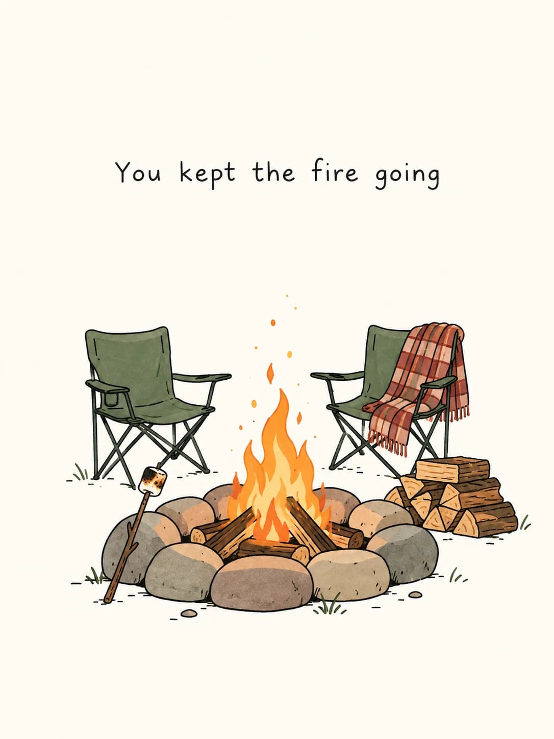 Campfire card: Two camp chairs around a crackling fire ring, with a marshmallow roasting on a stick
