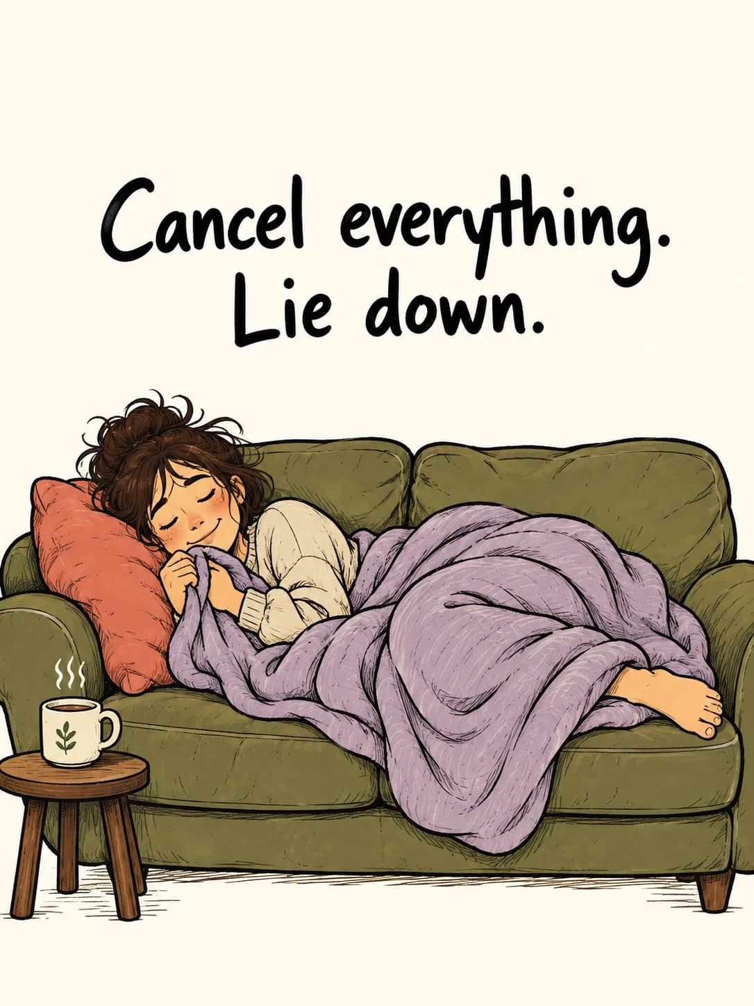 Cancel Everything card: Someone curled up asleep on a green couch under a purple blanket, a mug of tea within reach