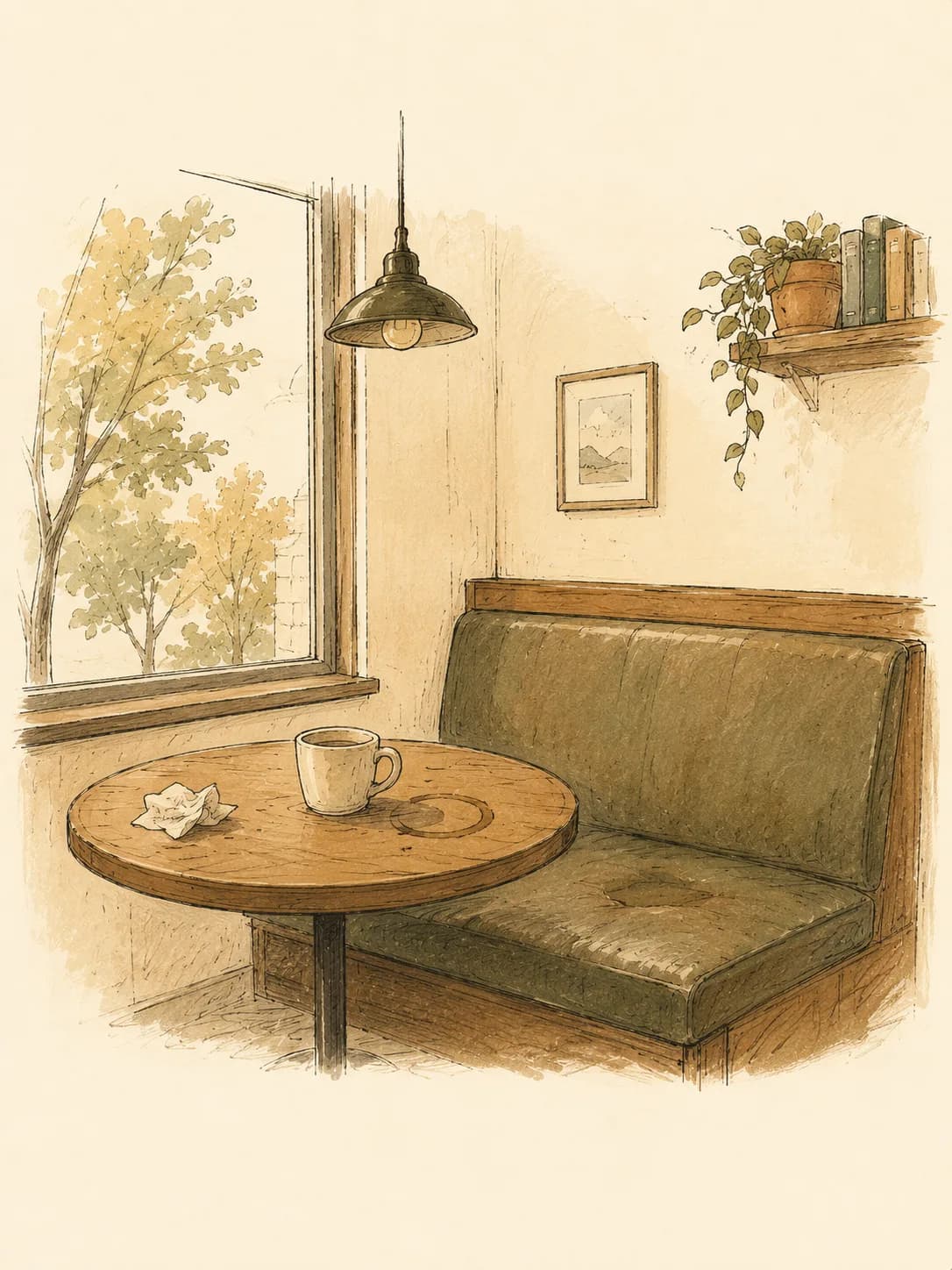 Coffee Booth card: An empty coffee shop booth with a ring stain and a worn seat indent