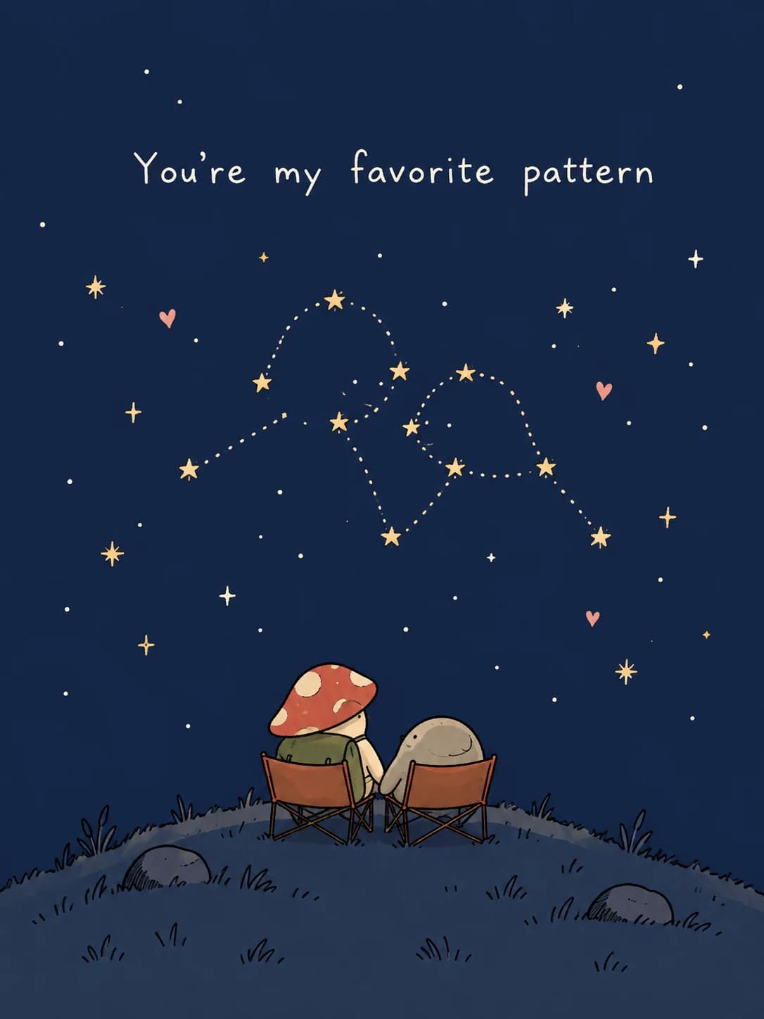 Constellations card: Two small friends in camp chairs on a hill, looking up at a sky full of stars