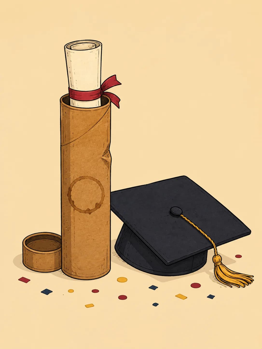 Diploma Tube card: A dented diploma tube with cap off and rolled diploma peeking out