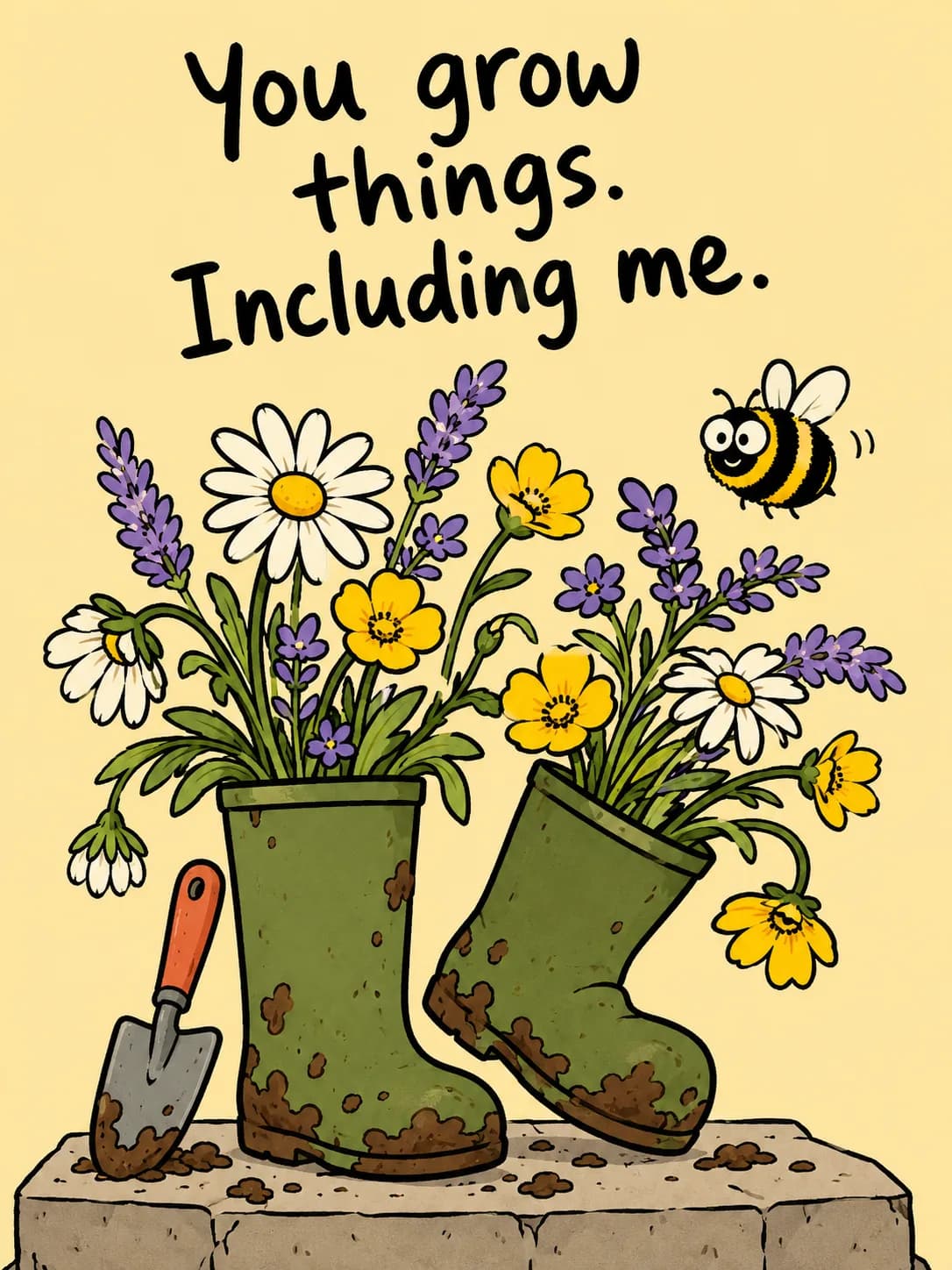 Garden Boots card: Muddy garden boots on a porch — she grew everything, including you