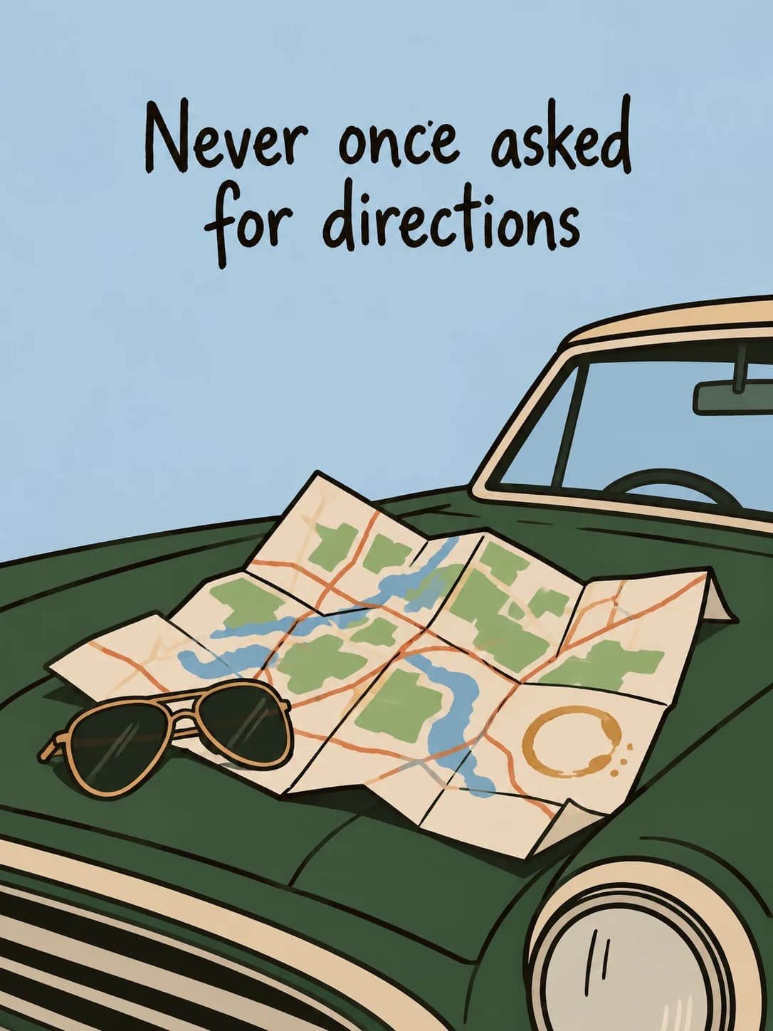 Gas Station Map card: A paper road map spread across a green car hood, with sunglasses and a coffee ring on top