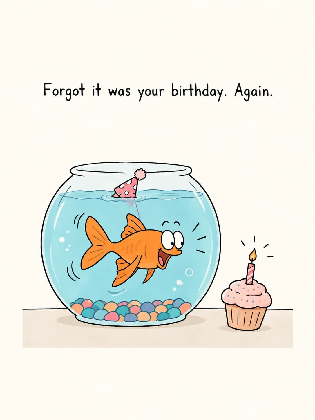 Goldfish Bowl card: A startled goldfish in its bowl, a party hat floating overhead and a cupcake outside the glass