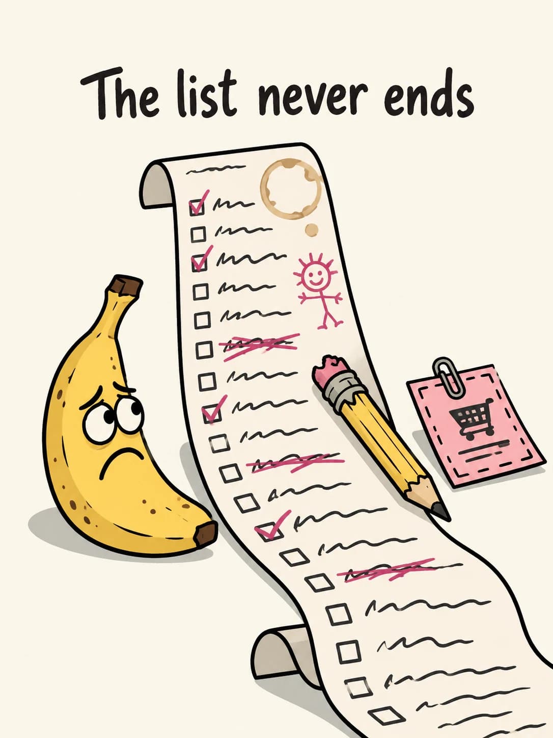 Grocery List card: A worried banana next to a grocery list that unrolls forever