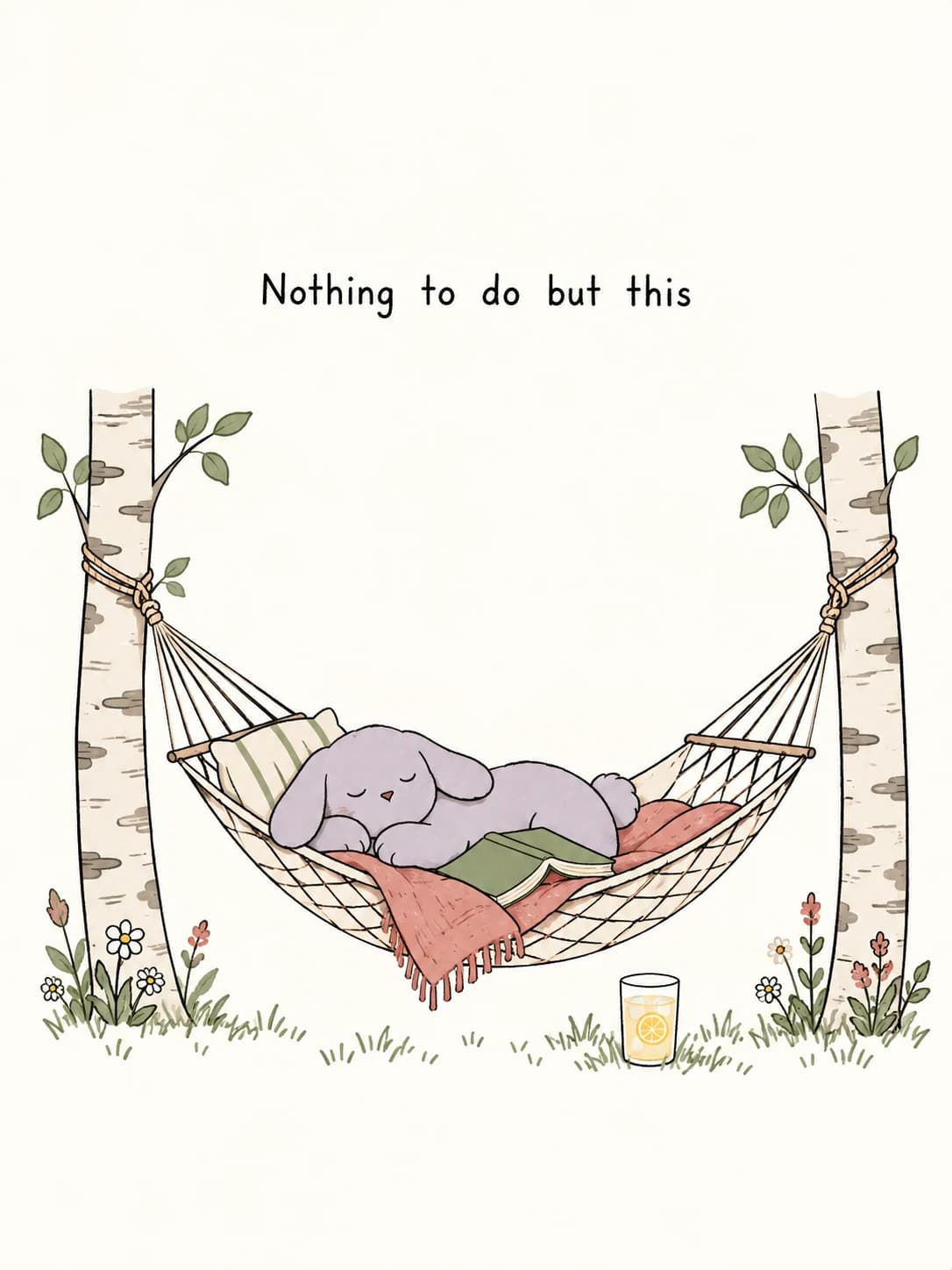 Hammock card: A sleepy bunny curled up in a hammock between two birch trees, lemonade on the grass