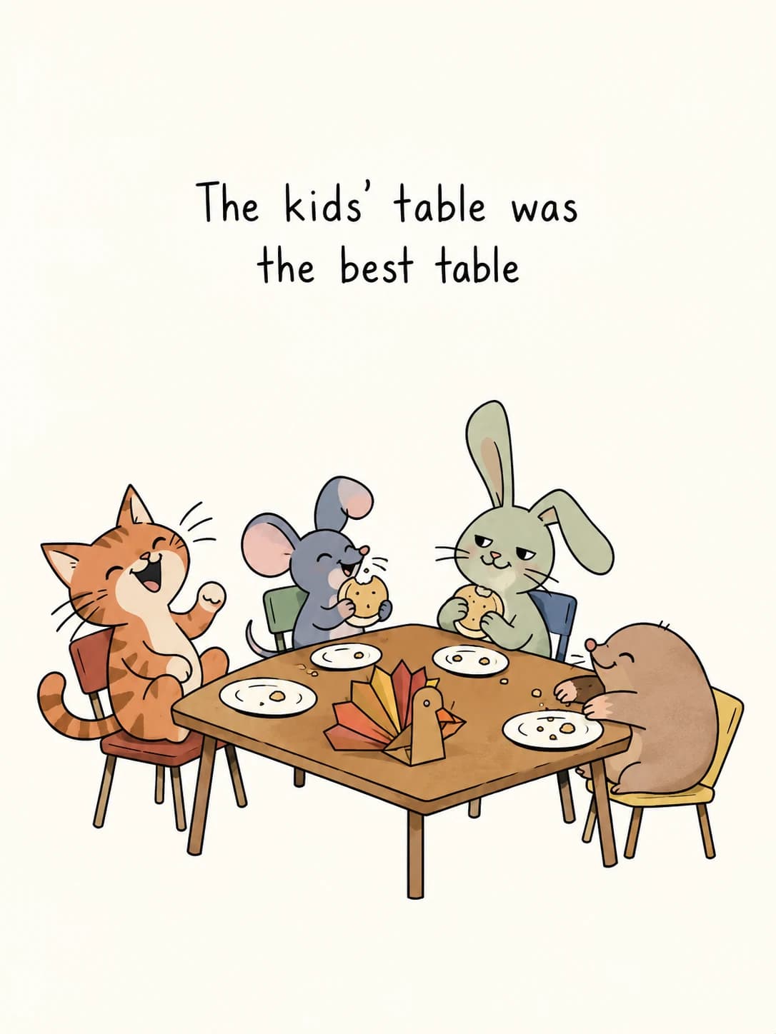 Kids' Table card: A cat, a mouse, a bunny and a mole laughing around the kids' table with a paper turkey centerpiece