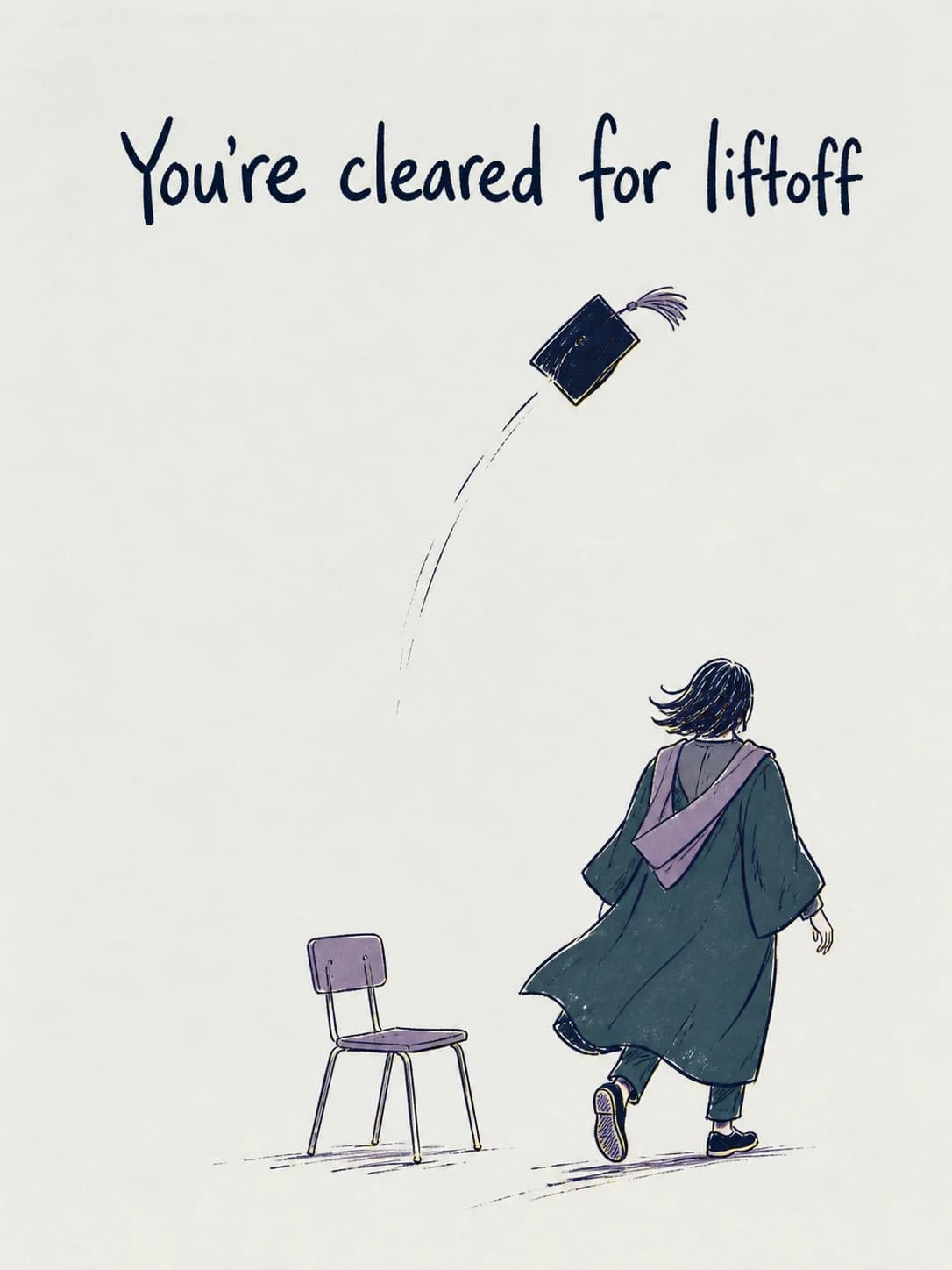 Launchpad card: A graduate keeps walking while their mortarboard reaches liftoff