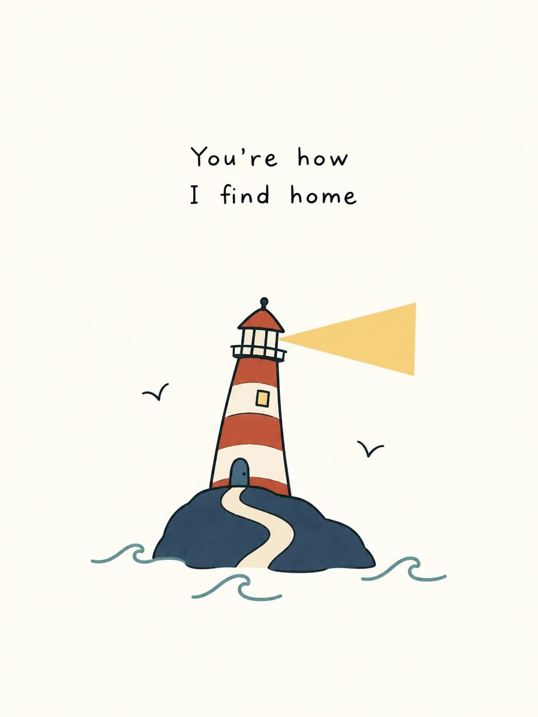 Lighthouse card: A red and white lighthouse on a rock, its beam sweeping out across the water
