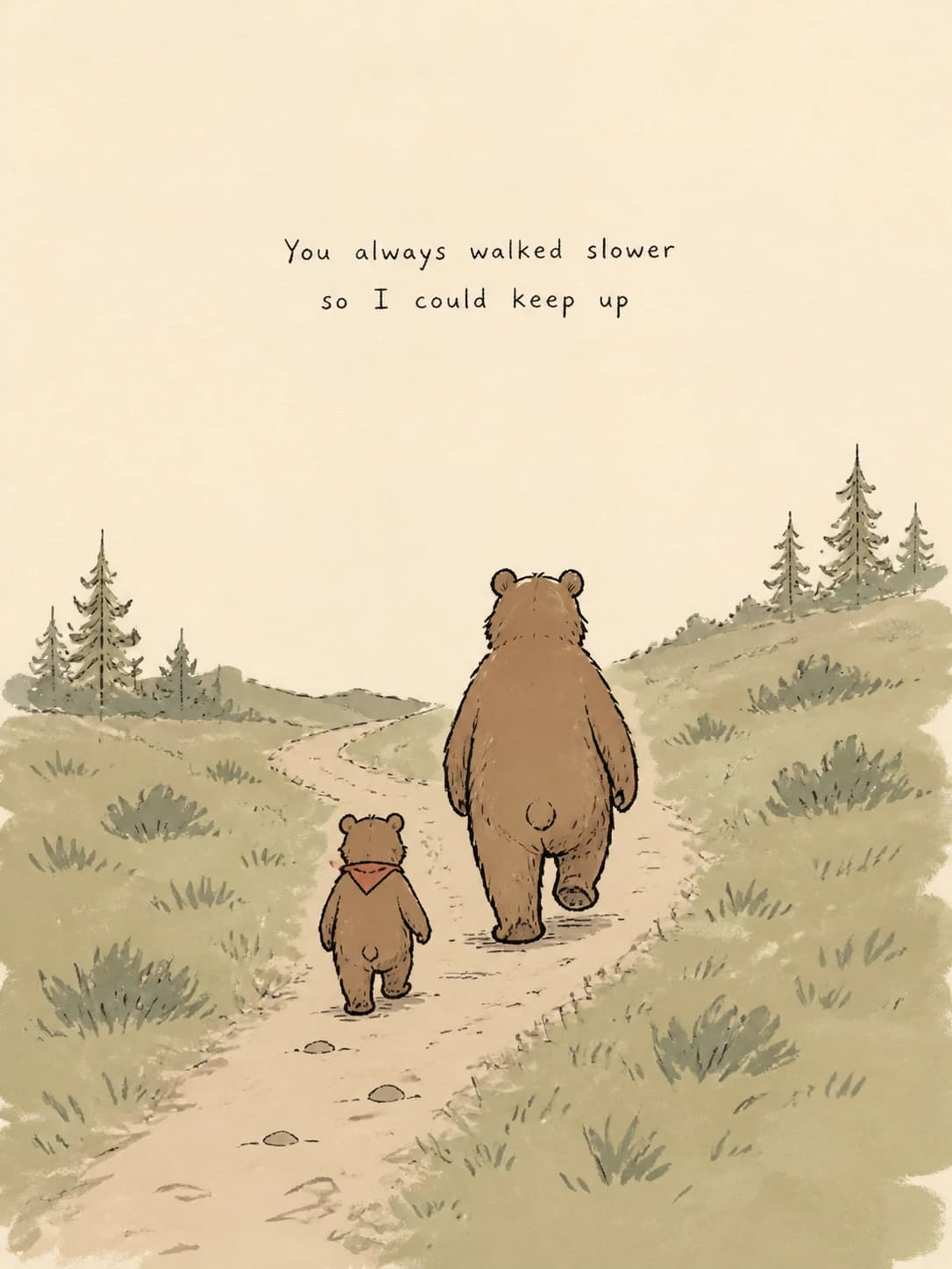 Mama Bear card: A mother bear shortening her stride so one small cub can keep up