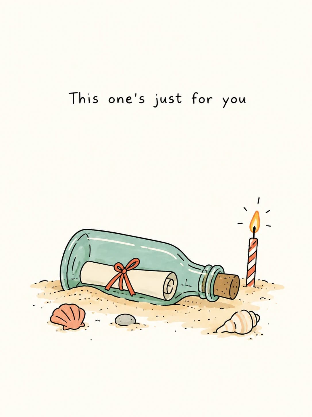 Message in a Bottle card: A message in a bottle washed up on the sand beside a lit birthday candle