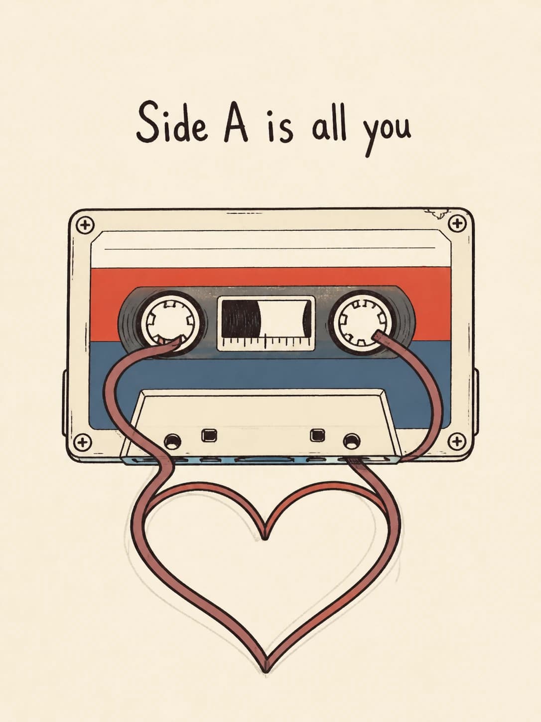 Mixtape card: One unbroken cassette ribbon connects both reels through a heart
