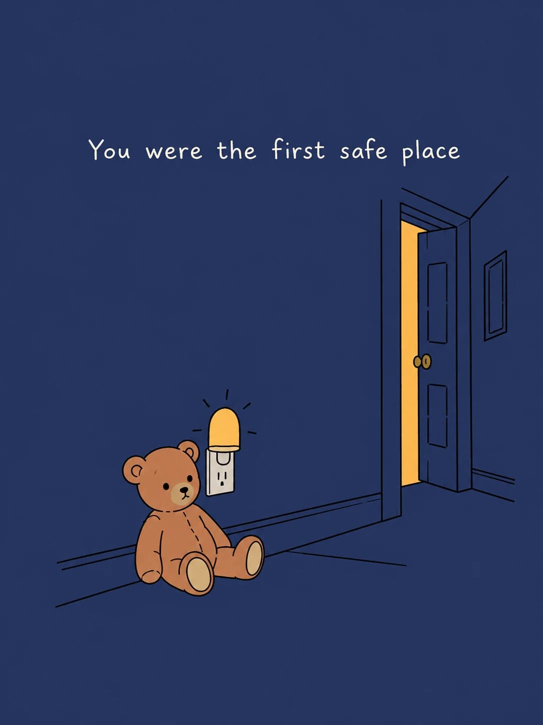 Night Light card: A teddy bear beside a glowing night light, the bedroom door left open a crack