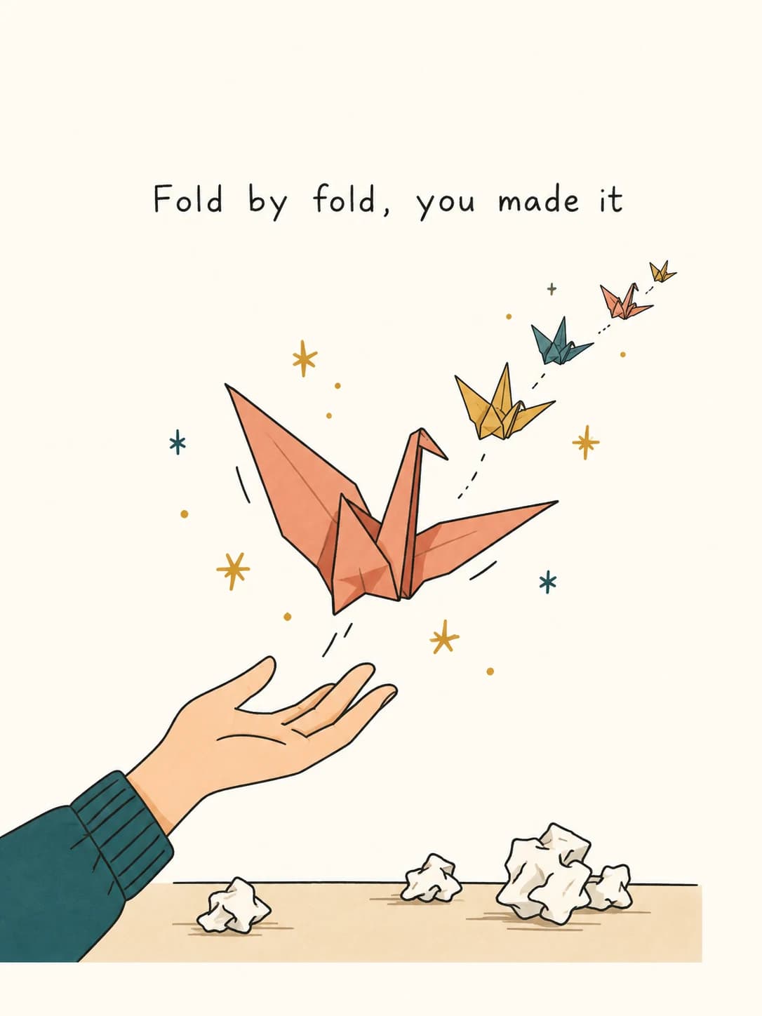 Origami Crane card: A hand releasing a paper crane that leads a flock of smaller ones, crumpled practice tries on the desk
