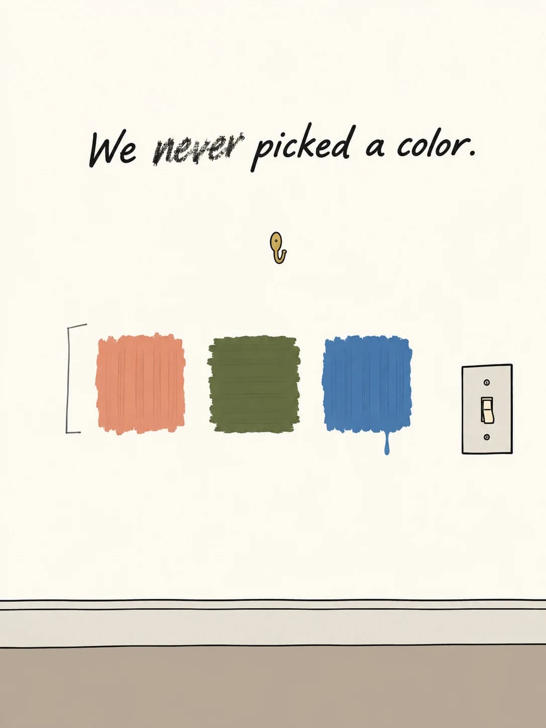 Paint Swatches card: Three paint test squares on a hallway wall, still waiting for someone to choose