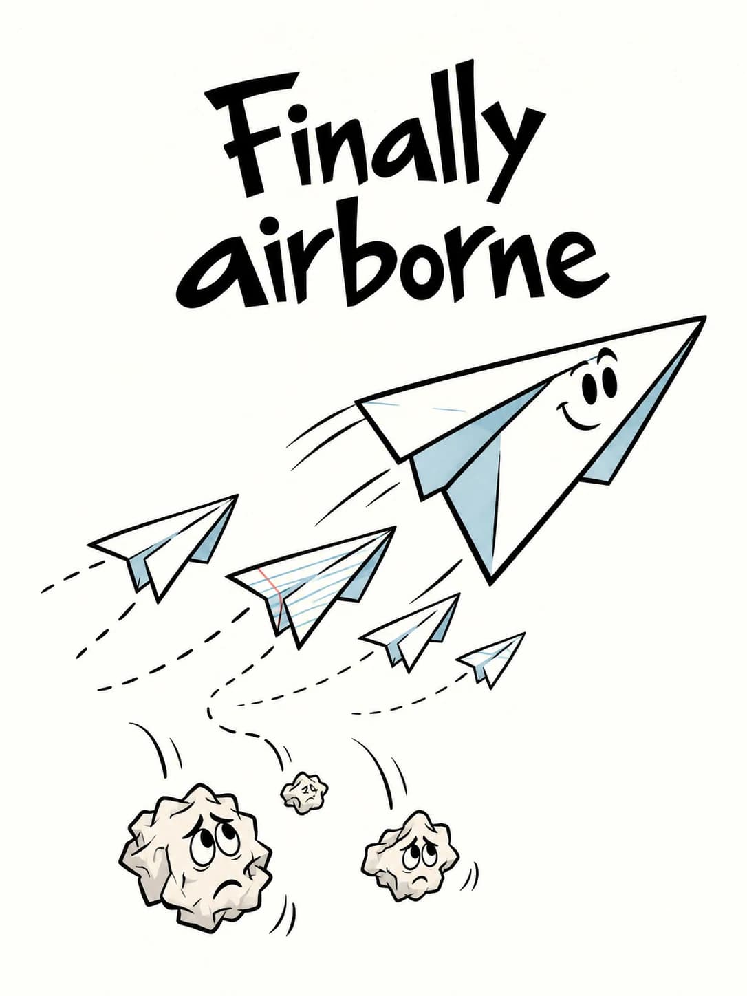 Paper Airplane Fleet card: A paper airplane flying high ahead of its fleet while crumpled first attempts fall behind