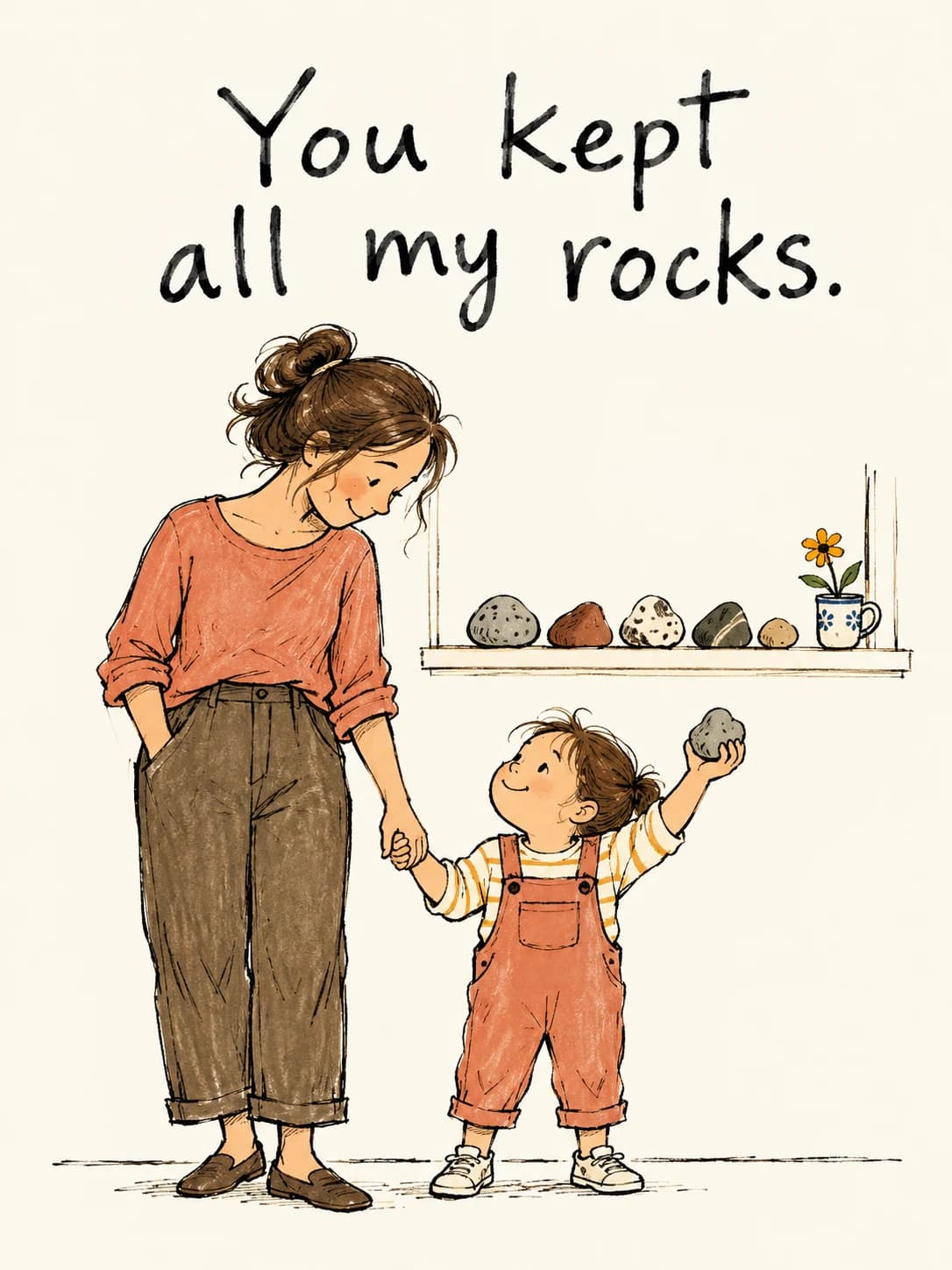 Pocket Full of Rocks card: A mom holding her toddler's hand while the kid offers up one more rock for the shelf