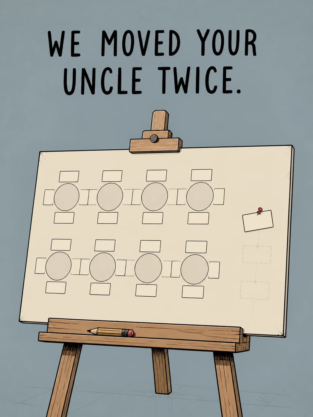 Seating Chart card: A seating card moved twice and finally parked one table away from everyone