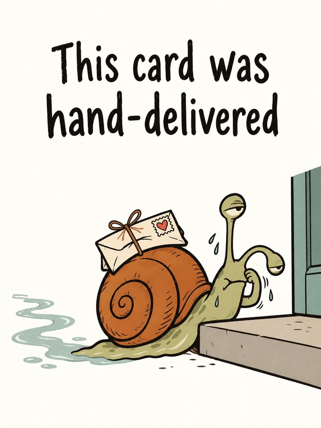 Snail Mail card: A sweating snail hauling an envelope up to the front step