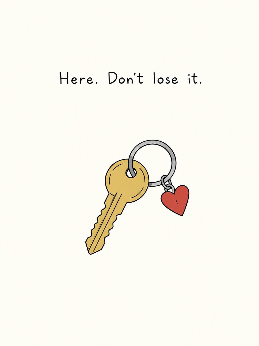 Spare Key card: A spare house key on a ring with a small red heart