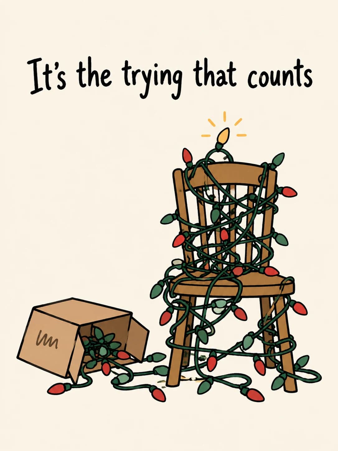 Tangle of Lights card: A kitchen chair hopelessly wrapped in tangled Christmas lights beside the empty box
