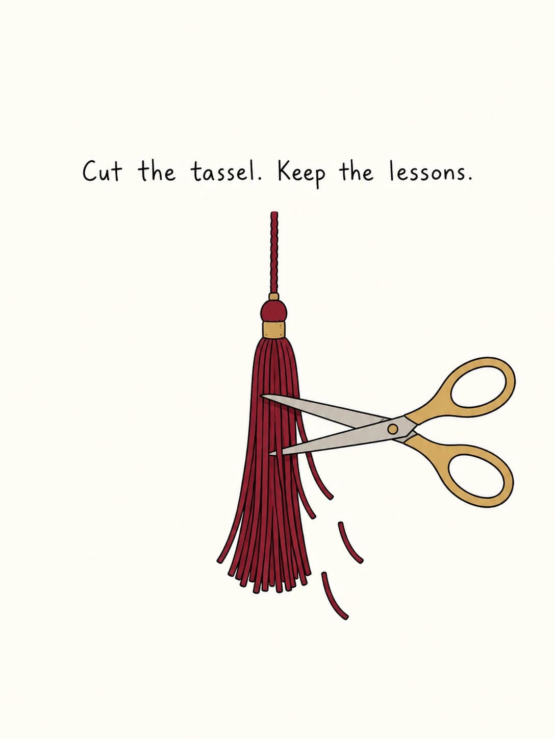 Scissors and Tassel card: Scissors snipping through a red graduation tassel