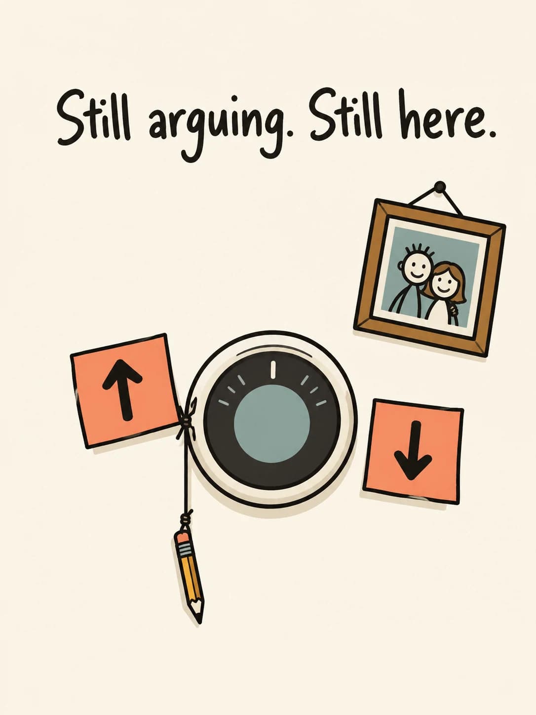 Thermostat War card: A thermostat flanked by taped-up arrows pointing opposite ways, with the couple's photo on the wall