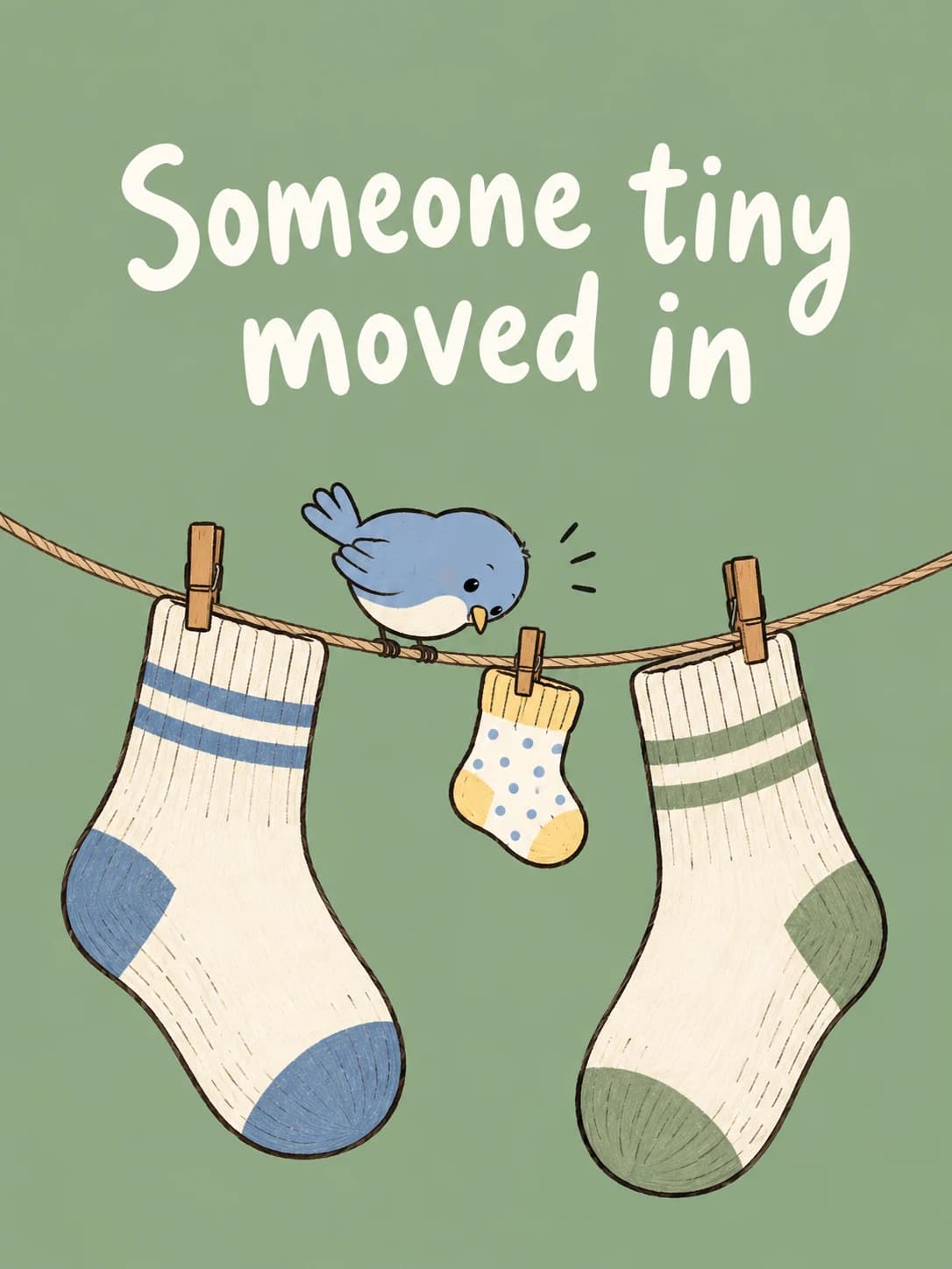 Tiny Socks card: Two grown-up socks on a clothesline with a tiny baby sock pinned between them
