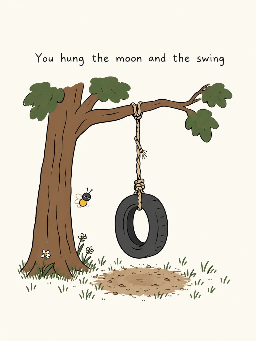 Tire Swing card: A tire swing hanging from an old tree over a worn patch of dirt