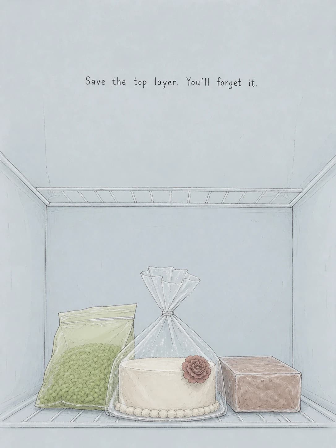 The Top Layer card: One forgotten wedding-cake tier wedged between peas and freezer mystery
