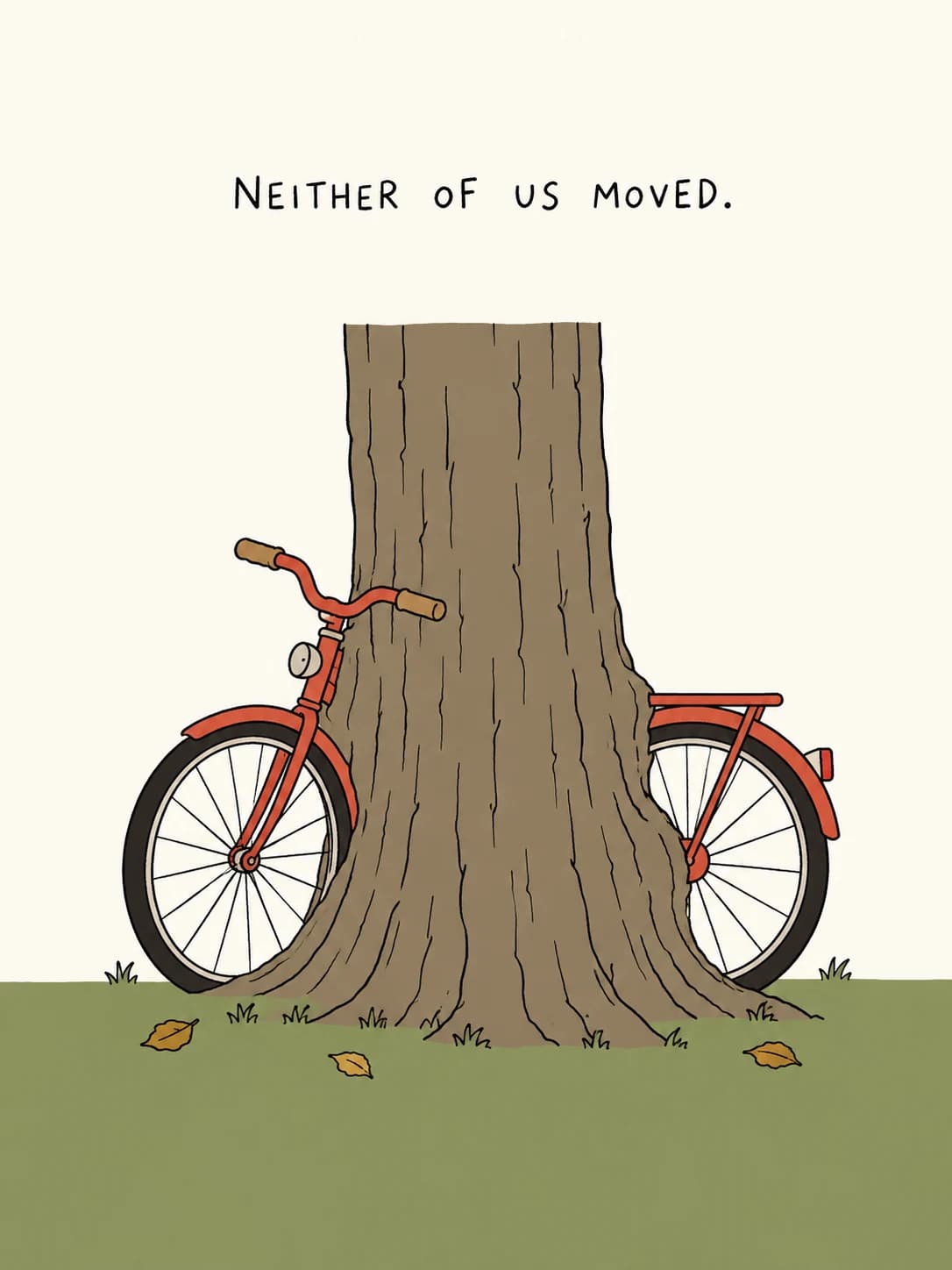 The Tree Grew Around It card: An old red bicycle leaned against a tree for so long the trunk grew around it