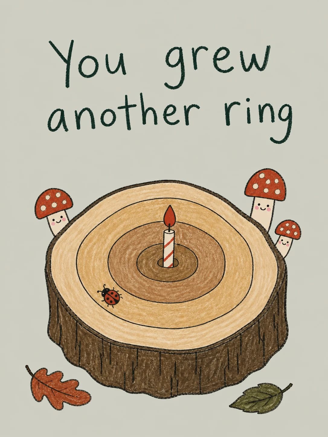 Another Ring card: A birthday candle at the center of a tree's uneven growth rings