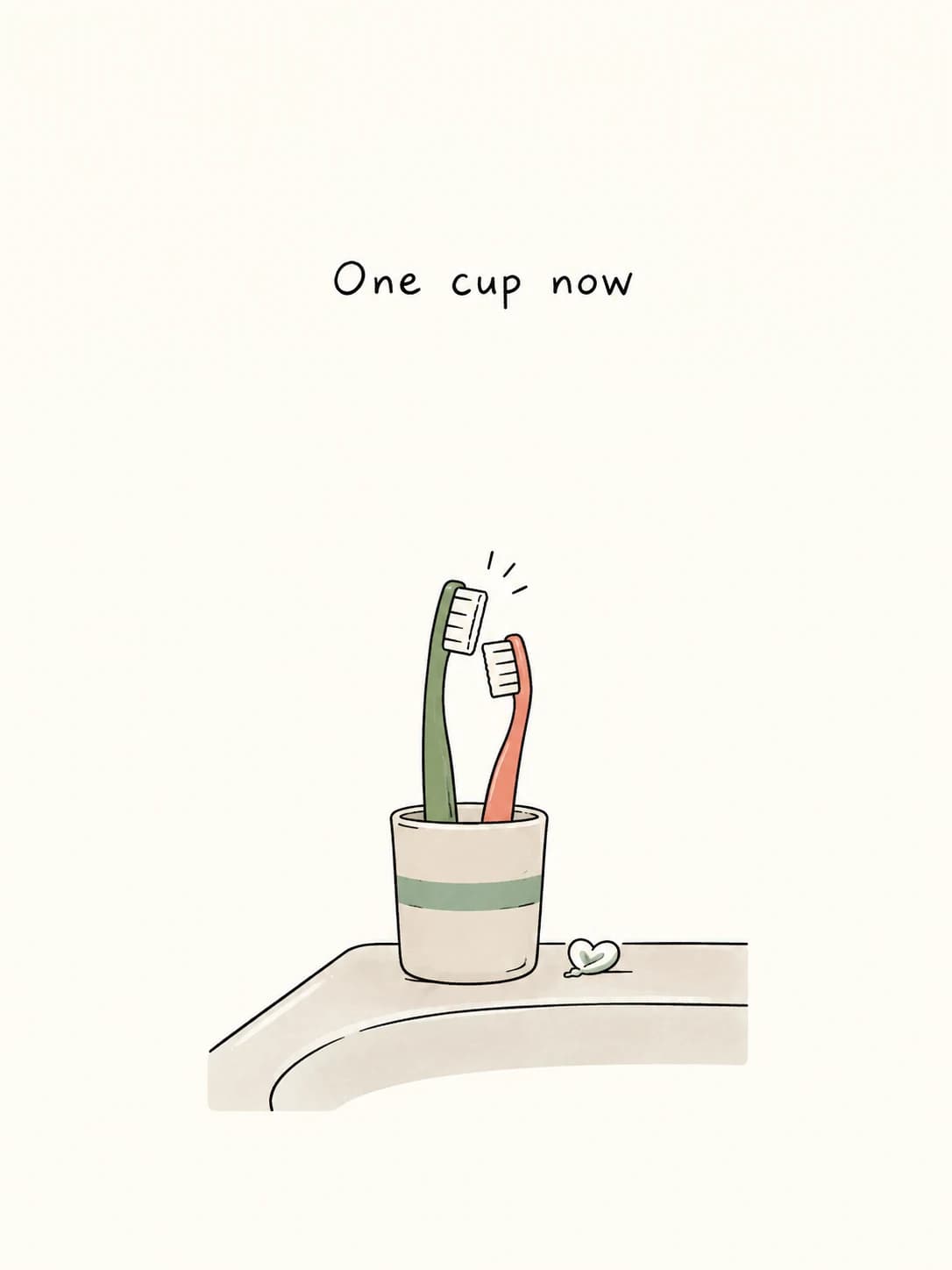 Two Toothbrushes card: Two toothbrushes leaning together in one cup on the bathroom sink