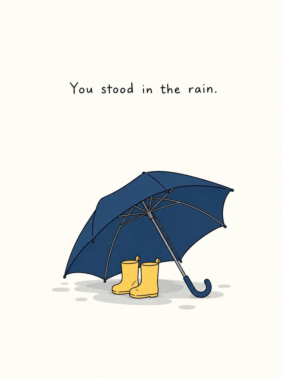 Umbrella card: An open blue umbrella sheltering a small pair of yellow rain boots