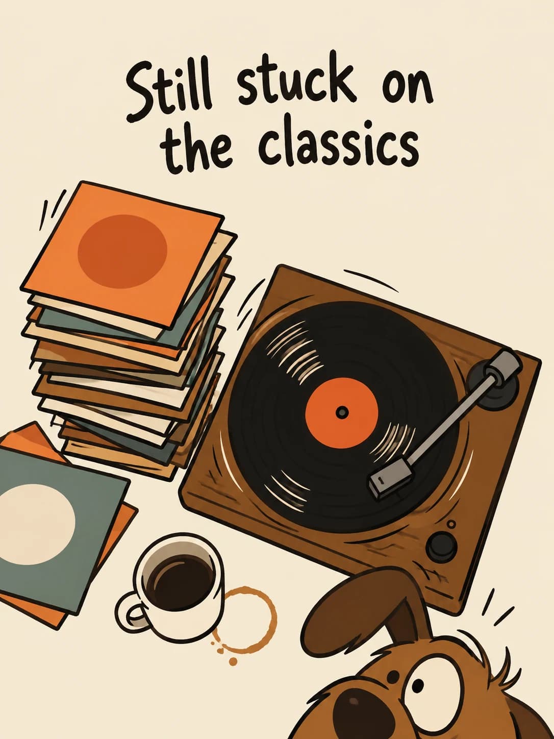 Vinyl Record card: A record spinning on a turntable beside a leaning stack of albums, an exasperated dog peeking in