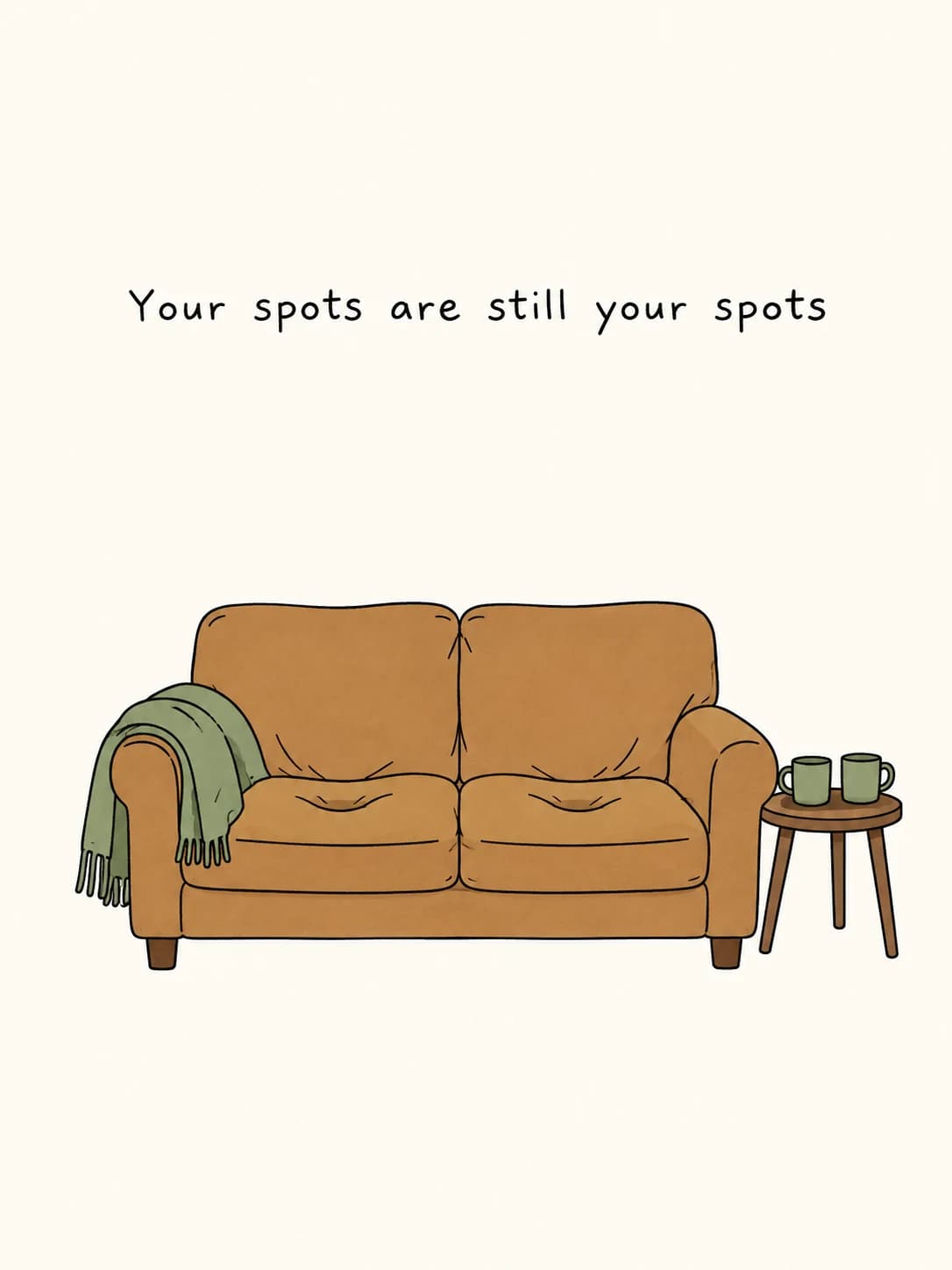 Worn Couch card: A well-worn couch with a green throw and two mugs on the side table